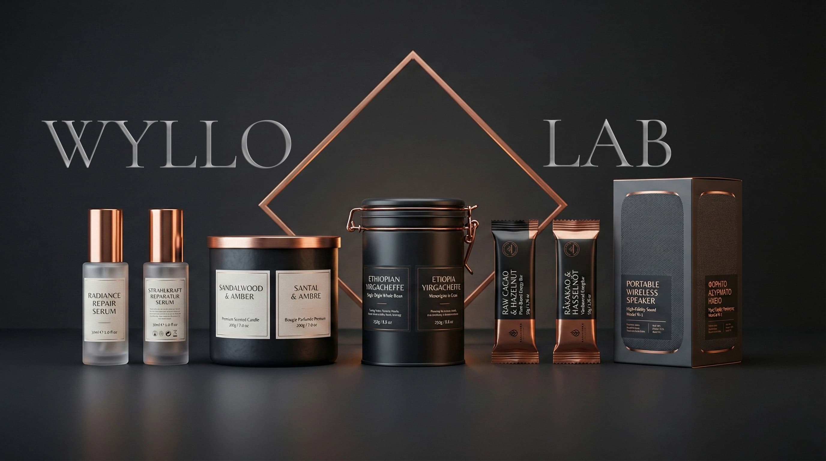 Premium studio product visualization in copper-accent environment, photorealistic.